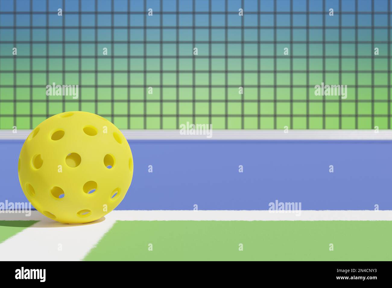 Boule de pickleball jaune sur le terrain contre le fond d'un filet de sport. 3D rendu Banque D'Images