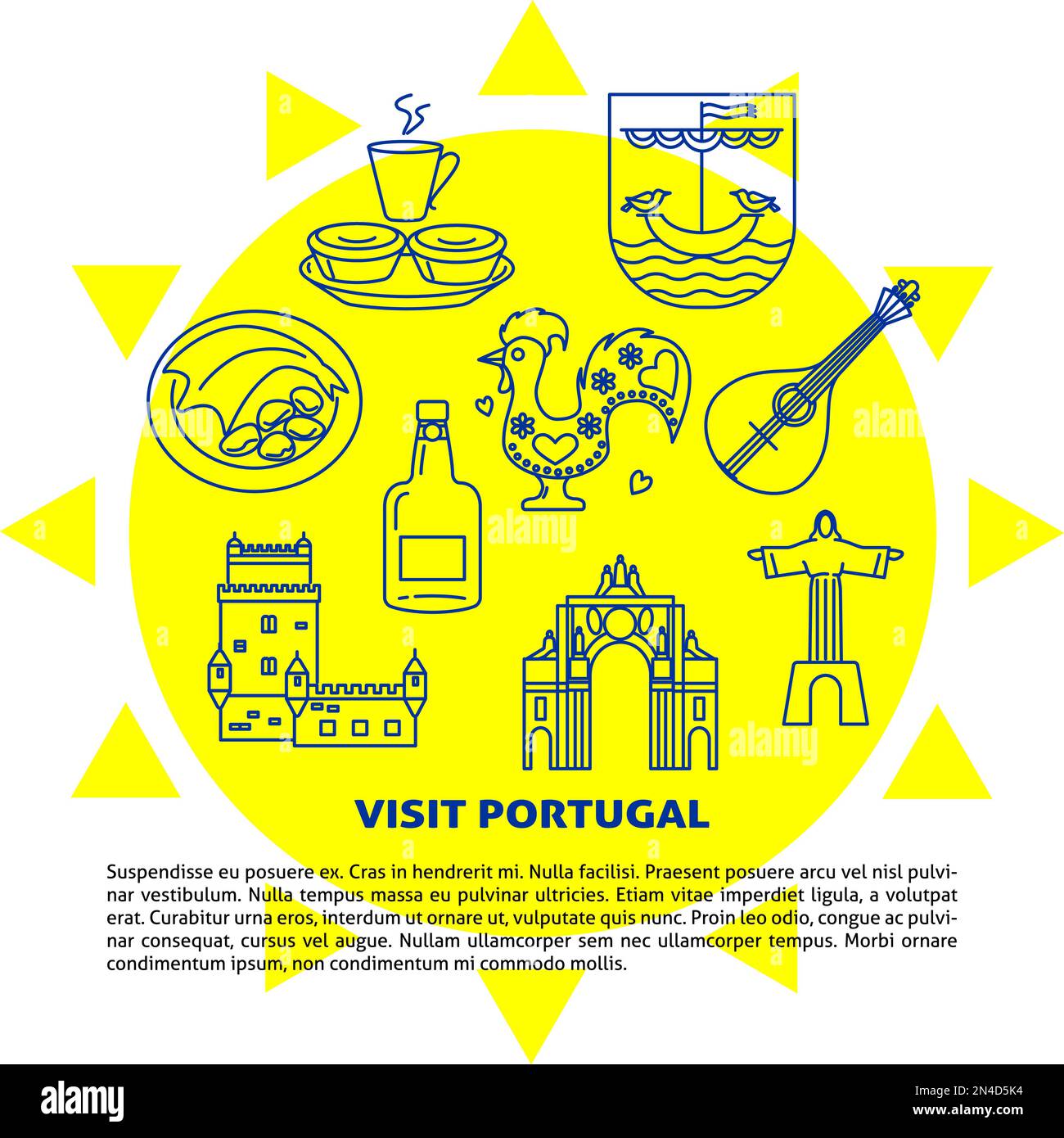 Visitez le Portugal concept bannière avec des icônes en style ligne. Symboles traditionnels avec culture nationale, cuisine et attractions. Modèle de circulaire ou d'affiche Illustration de Vecteur