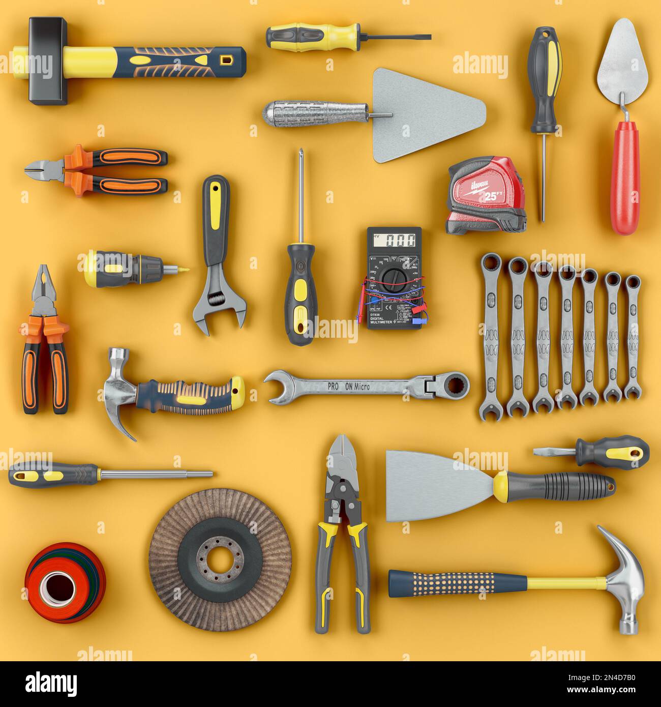ensemble d'outils de couleur arrière-plan concept des outils de réparation  promotion d'entrepôt 3d rendu sur fond jaune Photo Stock - Alamy