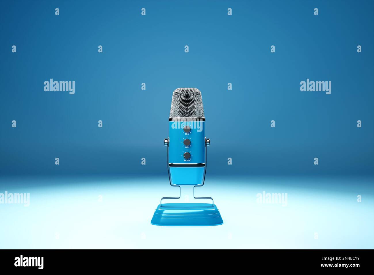 Icône de microphone rétro bleu sur fond bleu, vue rapprochée. Spectacle en direct, enregistrement de musique, concept de divertissement. 2022-11-01-19 Banque D'Images