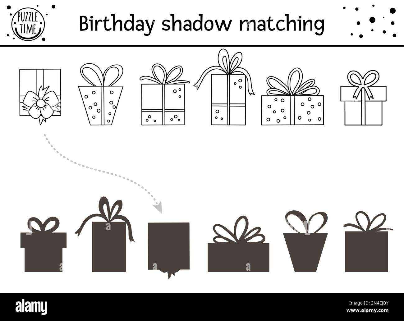 Anniversaire noir et blanc ombre assorti activité pour les enfants. Puzzle amusant avec de jolies boîtes-cadeaux. Fête des fêtes jeu éducatif pour Illustration de Vecteur
