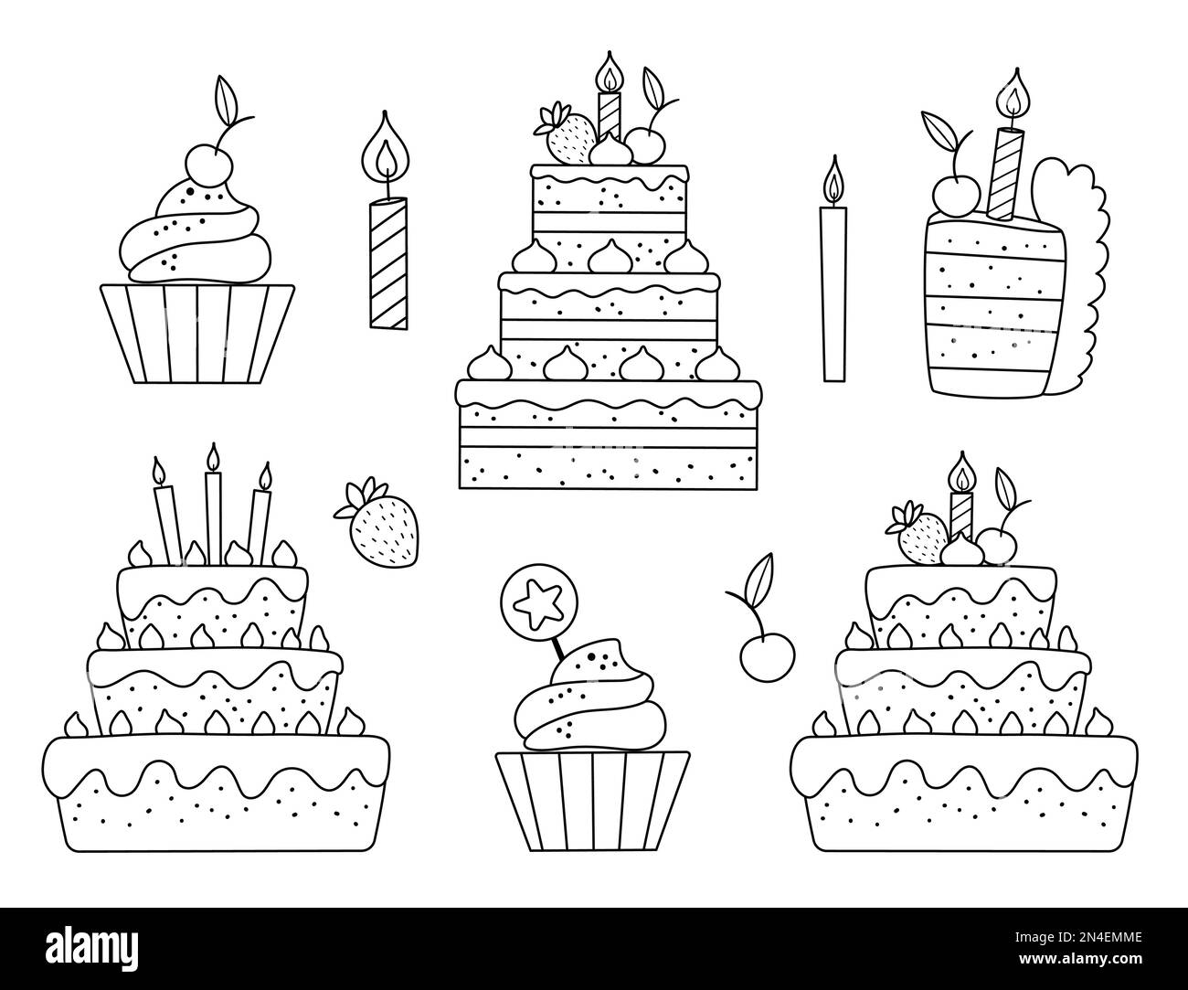 Ensemble noir et blanc vectoriel avec gâteaux d'anniversaire, bougies et petits gâteaux. Un joli cadre de repas ou des éléments de la barre de bonbons. Illustration drôle de dessert pour carte, po Illustration de Vecteur