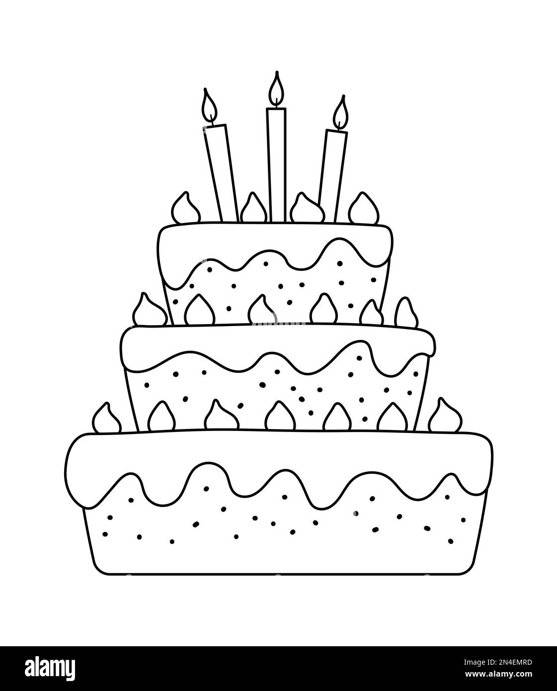 Gâteau d'anniversaire noir et blanc vectoriel avec bougies. Illustration amusante et mignonne d'un dessert pour carte, motif imprimé. Icône de la ligne des fêtes pour les enfants isolée o Illustration de Vecteur