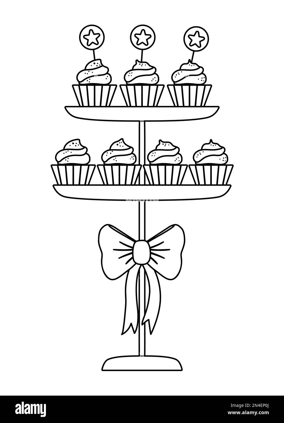 Desserts noirs et blancs d'anniversaire vectoriels sur support en couches orné d'un noeud. Illustration de cupcakes aux contours amusants et mignons. Icône de ligne de fête lumineuse pour Illustration de Vecteur