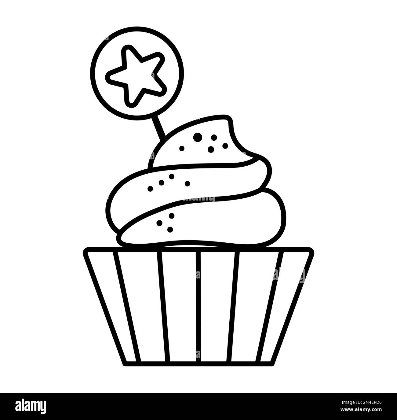 Gâteau noir et blanc vectoriel avec surmatelas en forme d'étoile. Illustration du dessert d'anniversaire mignon et drôle pour carte, motif imprimé. Illustration de la nourriture des fêtes. UM Illustration de Vecteur