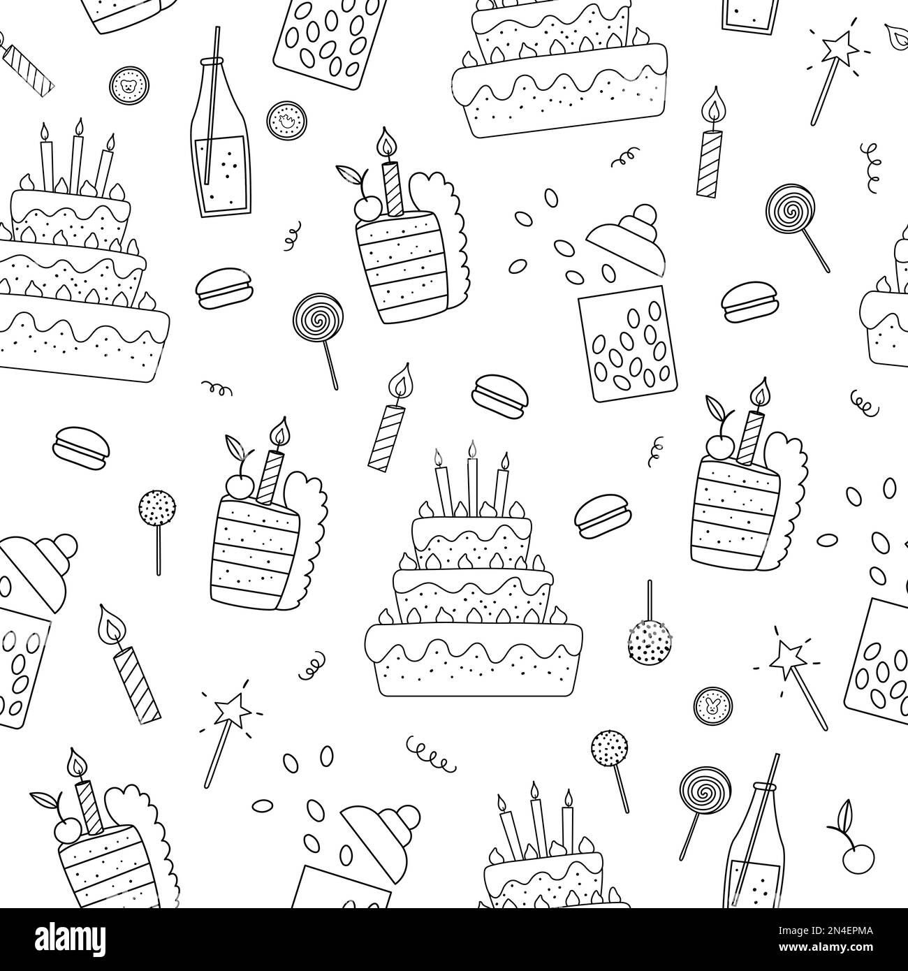 Motif vectoriel noir et blanc sans coutures avec gâteau mignon, bougies, bonbons. Fête célébration répétition anniversaire arrière-plan. Vector Line Holiday digital Illustration de Vecteur