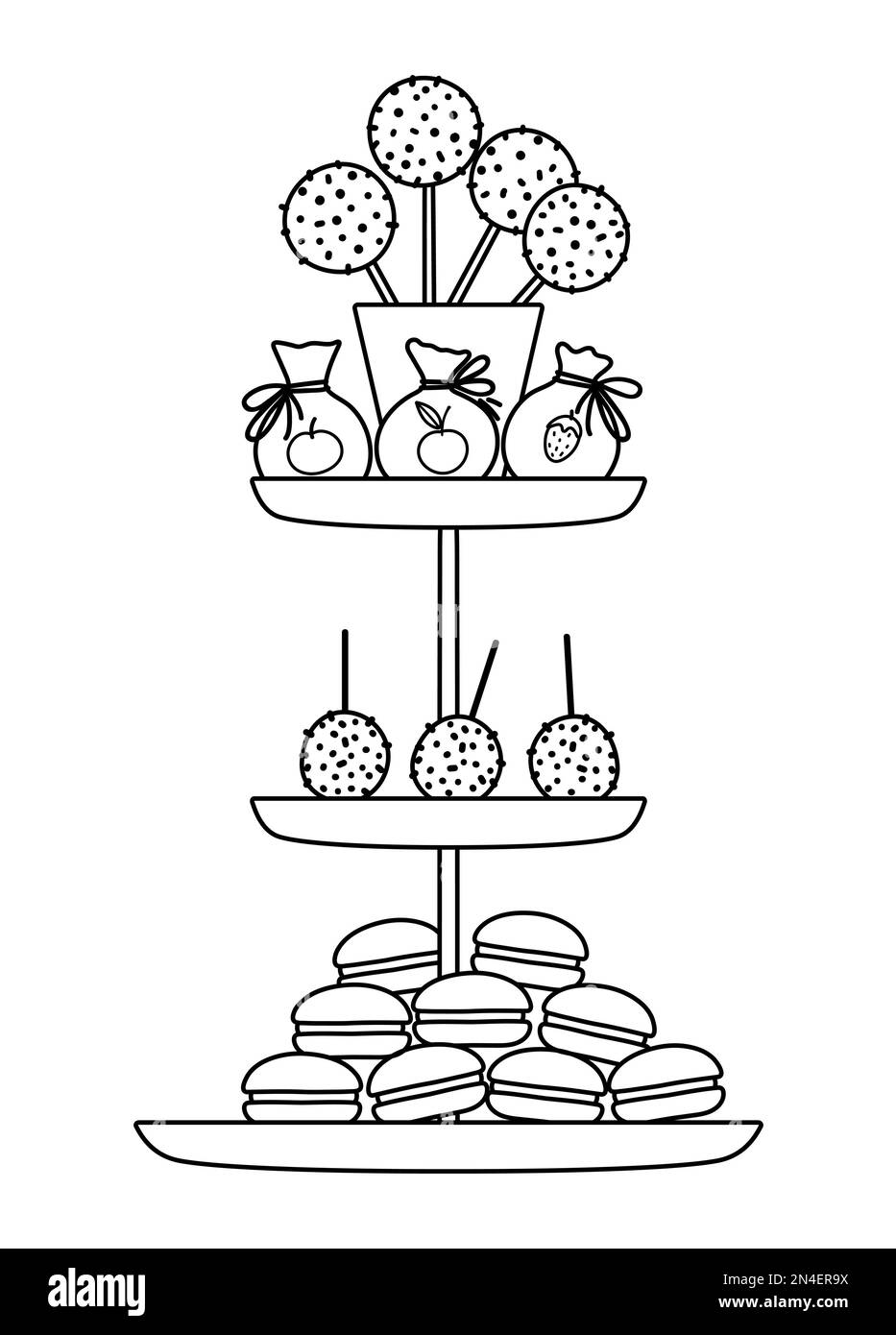Desserts d'anniversaire noirs et blancs vectoriels sur support en couches. Joli contour drôle célébration traiter illustration. Icône de ligne de fête lumineuse pour les enfants avec c Illustration de Vecteur