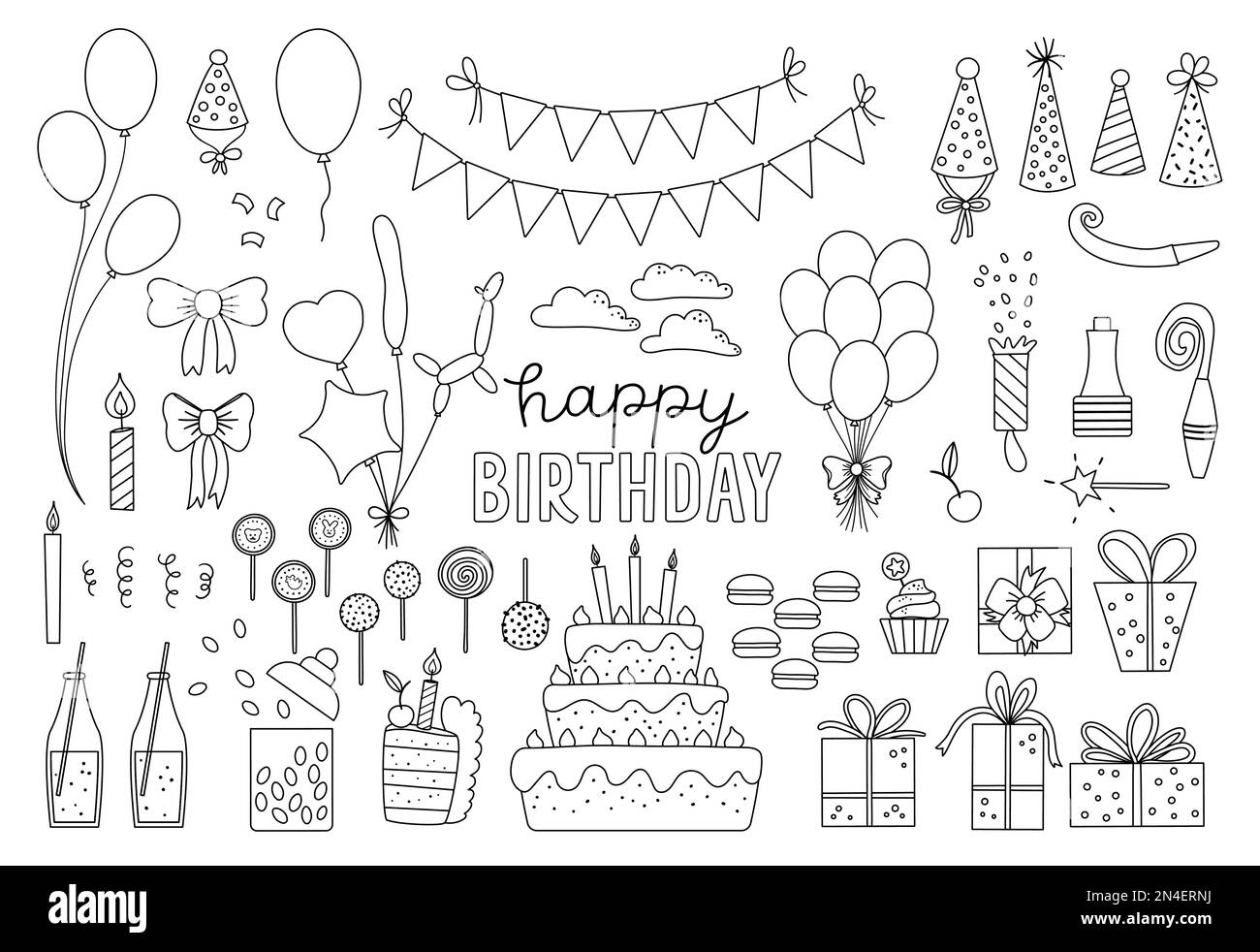 Ensemble de jolis éléments de motif d'anniversaire noir et blanc. Collection de fêtes à la clipart. Coffret de vacances Vector Outline avec cadeaux, gâteau avec chandelier Illustration de Vecteur
