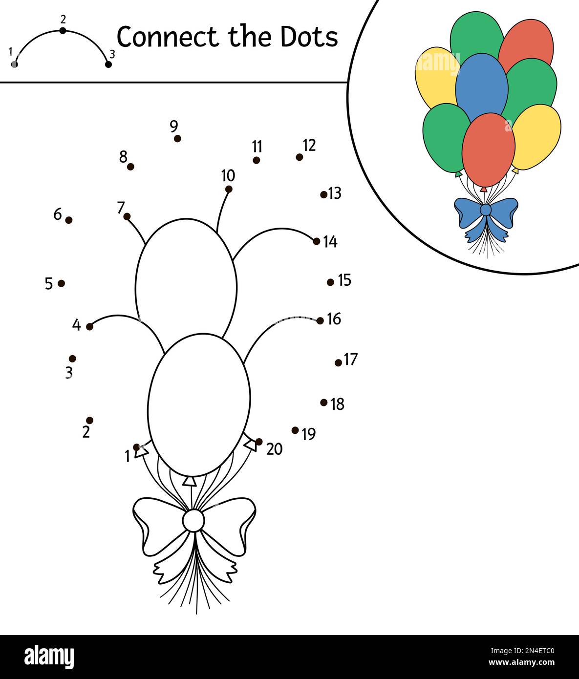 Vecteur anniversaire point à point et couleur activité avec joli bouquet de ballons. Fête de Noël connecter le jeu de points pour les enfants. Page de coloriage drôle pour k Illustration de Vecteur