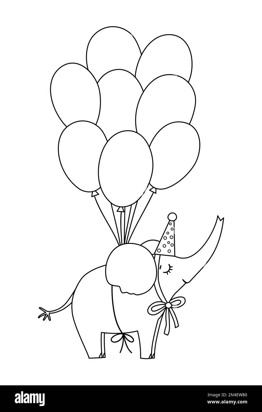 Joli éléphant noir et blanc vectoriel dans un chapeau de fête volant sur un tas de ballons. Adorable illustration d'animaux. Drôle de clipart d'anniversaire pour carte, Illustration de Vecteur