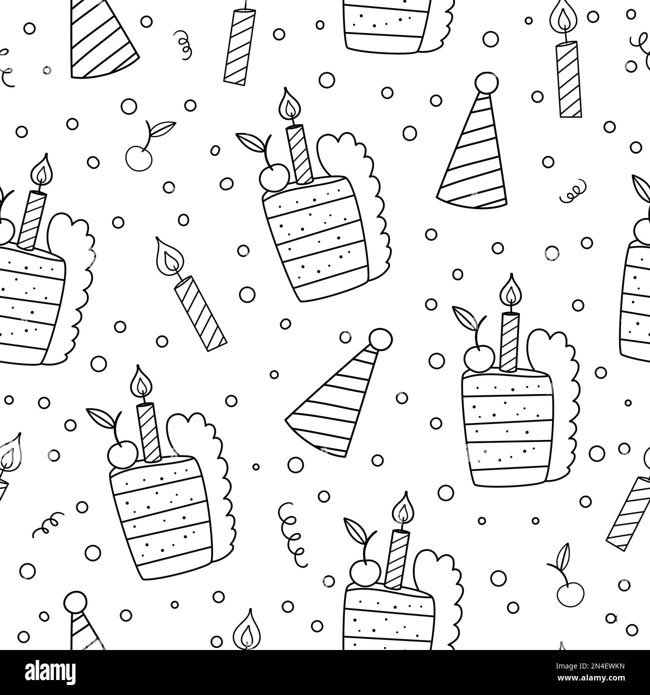 Motif vectoriel noir et blanc sans coutures avec gâteau mignon, bougie, chapeau de fête. Fête célébration répétition anniversaire arrière-plan. Vector Holiday Digital pap Illustration de Vecteur