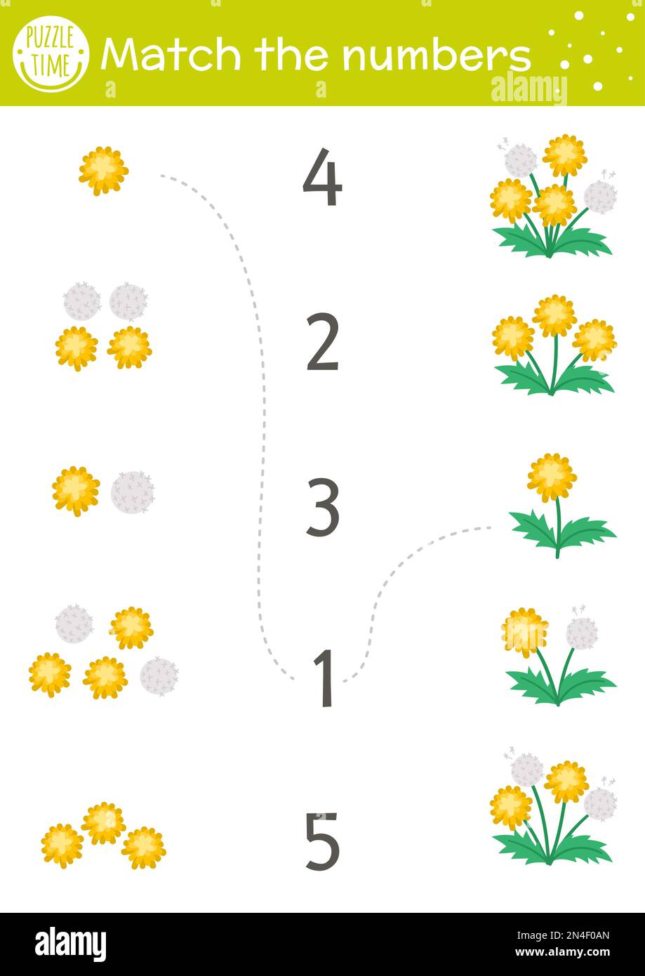 Jeu de Pâques assorti aux fleurs de printemps. Activité mathématique des fêtes pour les enfants d'âge préscolaire avec pissenlits. Feuille de calcul imprimable pédagogique avec Illustration de Vecteur