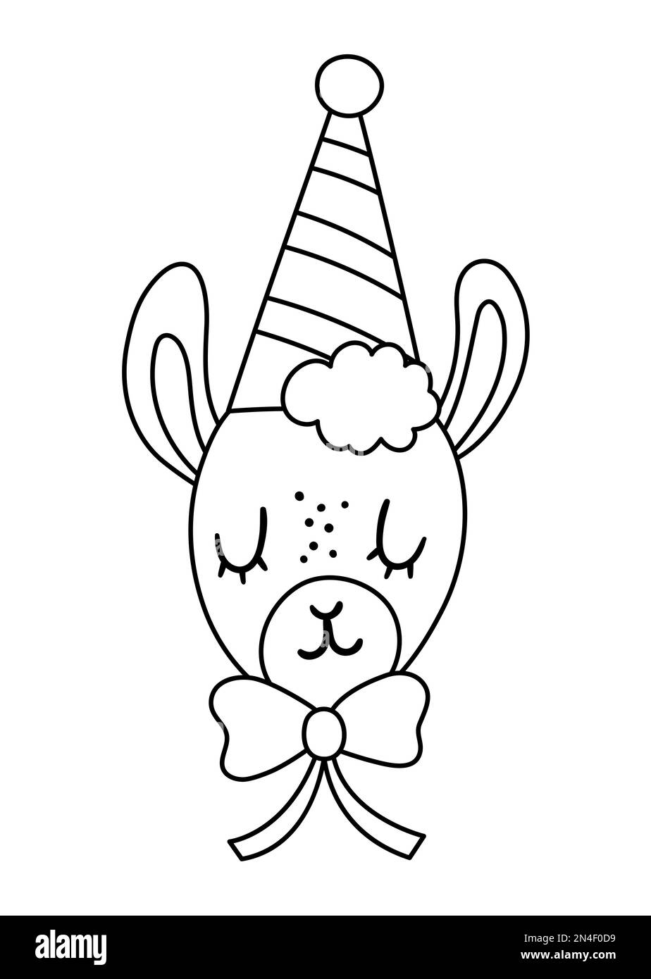 Vector Cute noir et blanc lama face dans un chapeau de fête. Avatar animal contour anniversaire. Illustration amusante de la tête d'alpaga pour les enfants. Icône de la ligne de célébration Illustration de Vecteur