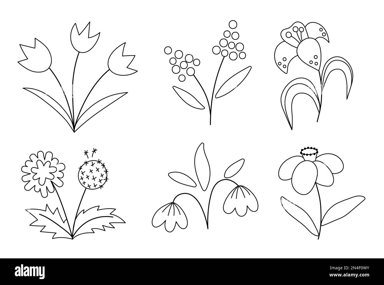 Ensemble d'icônes de fleurs de printemps noir et blanc à motif vectoriel. Illustration du contour des premières plantes en fleurs. Collection d'œuvres d'art ou page de coloriage à motif floral. Tulipes, Illustration de Vecteur