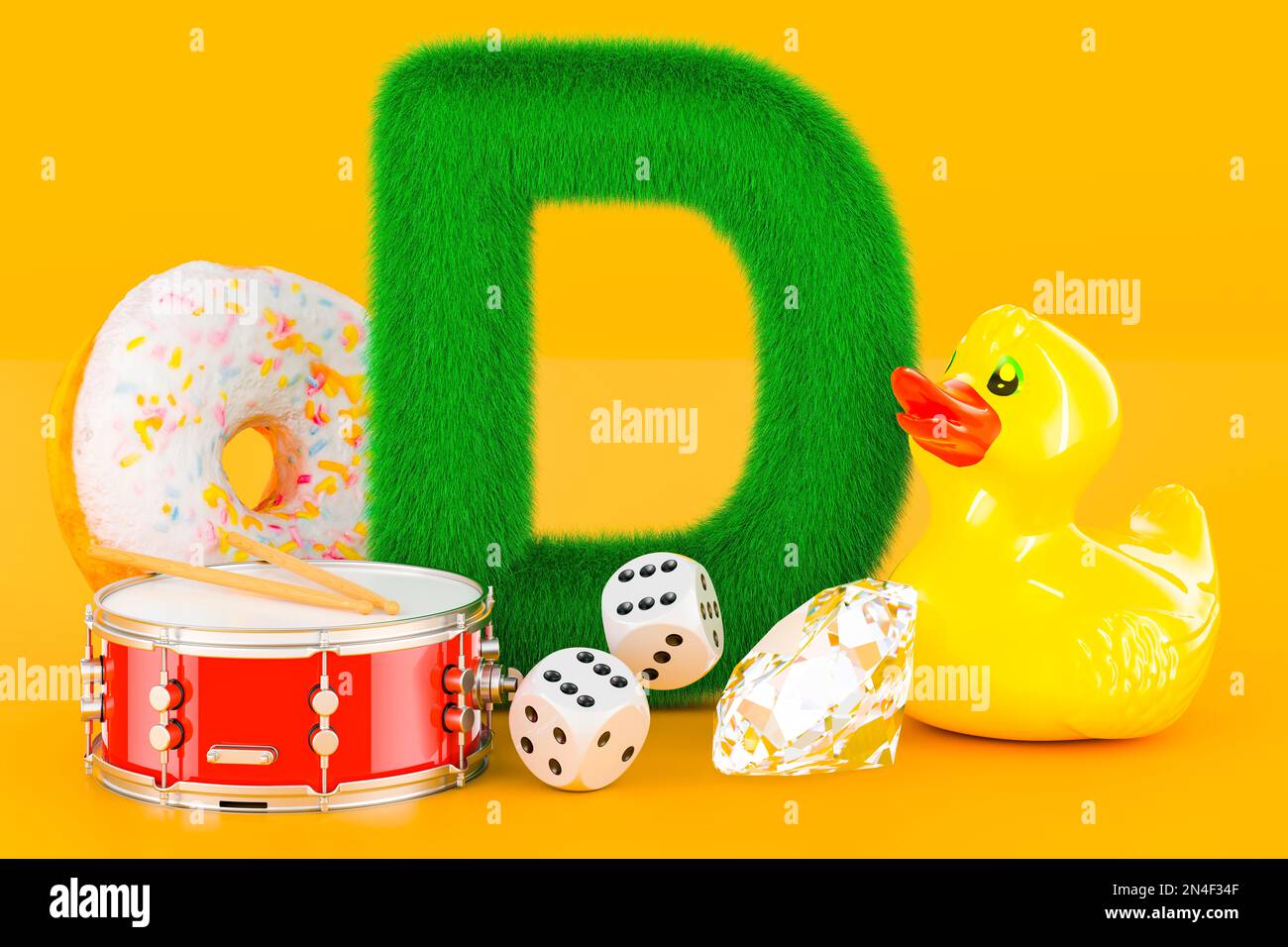 Lettre D moelleuse avec canard en caoutchouc, tambour, beignet, diamant, dés. Kids ABC, rendu 3D sur fond orange Banque D'Images