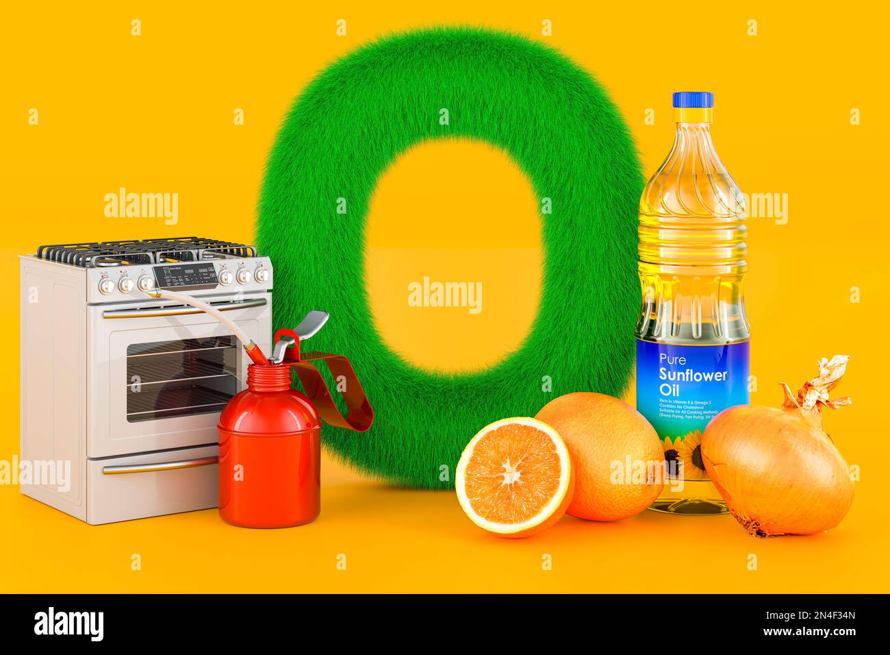 Lettre O moelleuse avec four, bidon d'huile, orange, oignon, bouteille d'huile de tournesol. Kids ABC, rendu 3D sur fond orange Banque D'Images