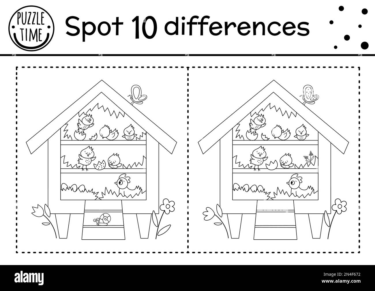 Pâques trouver des différences jeu pour les enfants. Page d'activités éducatives et de coloriage en noir et blanc de vacances avec le roost drôle avec la poule et les poussins. Ressort Illustration de Vecteur