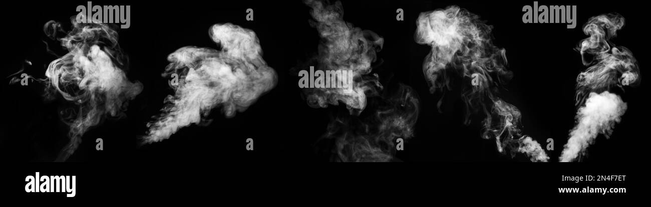 Ensemble de vapeur, fumée, gaz différents, isolé sur fond noir. Tourbillons, fumée tourbillonnante à superposer sur vos photos. Bannière fumée Banque D'Images