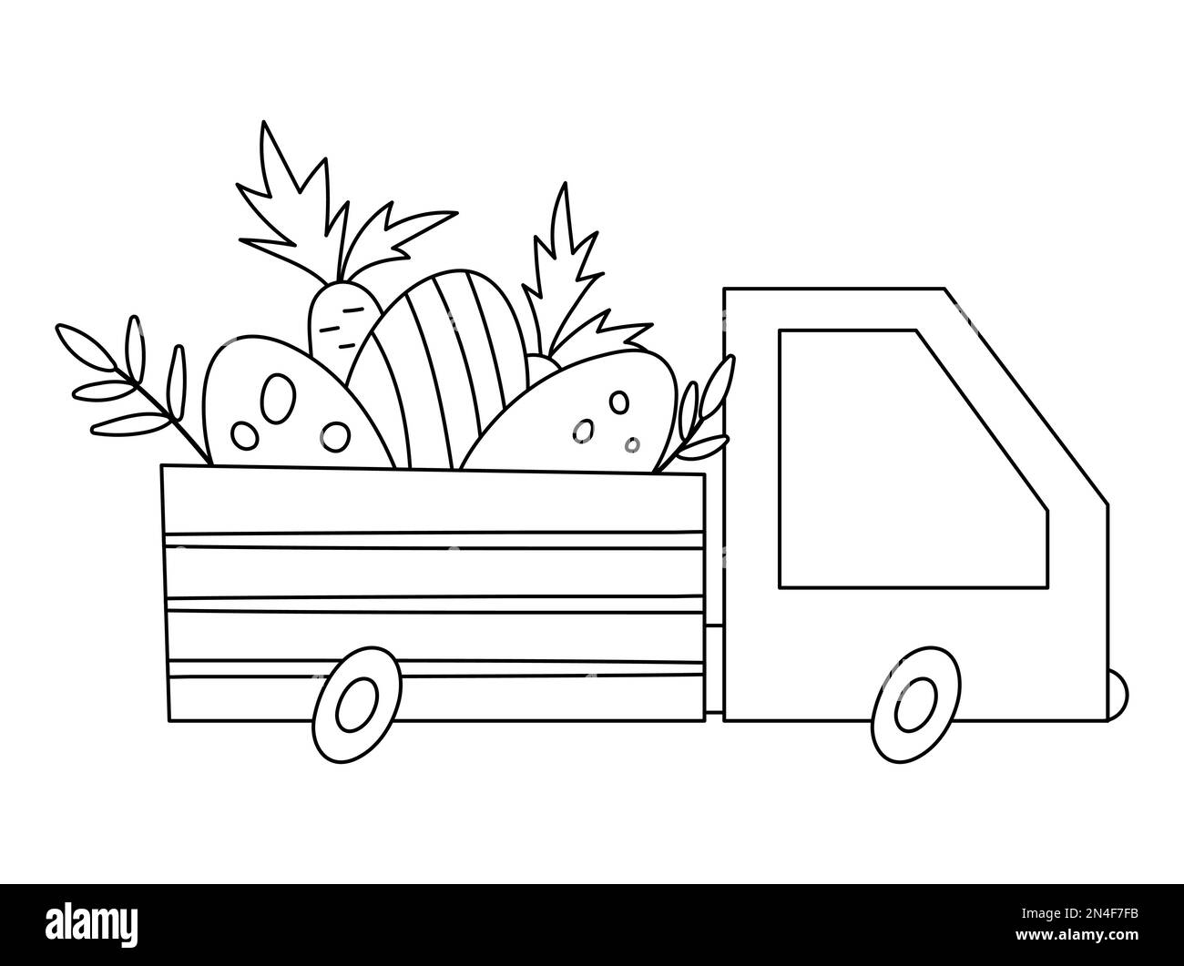 Vecteur noir et blanc Pâques contour icône camion avec oeufs et carottes. Voiture avec cadeaux de vacances isolés sur fond blanc. Adorable petit printemps Illustration de Vecteur