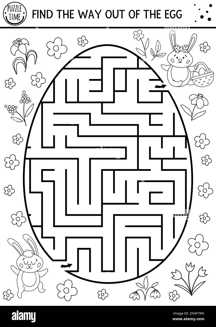 Labyrinthe noir et blanc de Pâques pour les enfants avec de mignons lapins en forme d'oeuf. Programme des fêtes de fin d'année pour les activités préscolaires. Jeu de jardin de printemps drôle ou col Illustration de Vecteur