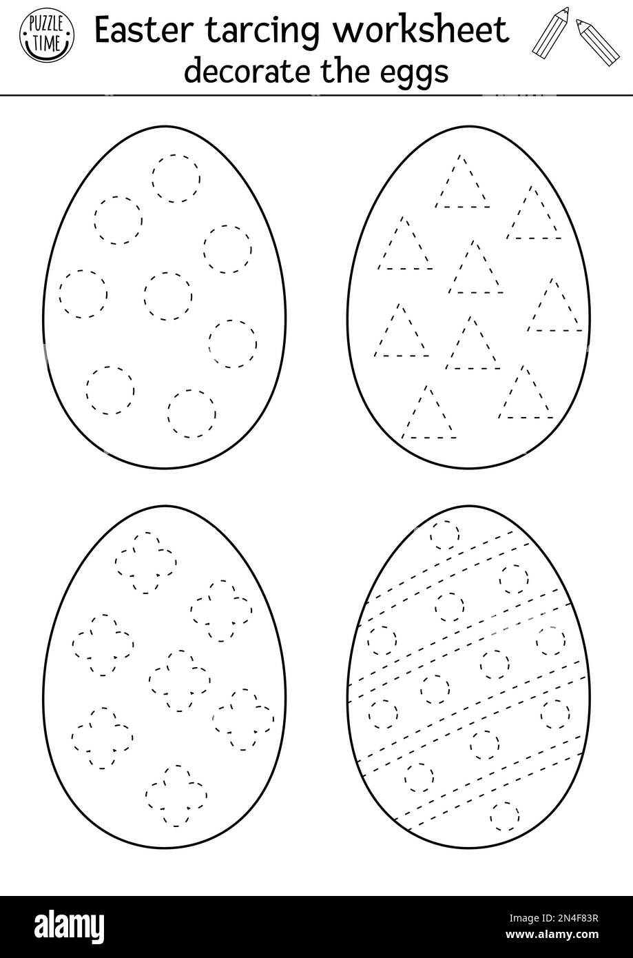 Feuille de travail pratique de l'écriture manuscrite de Pâques vectorielle. Activité de printemps en noir et blanc imprimable pour les enfants d'âge préscolaire. Jeu de traçage éducatif pour l'écriture Illustration de Vecteur