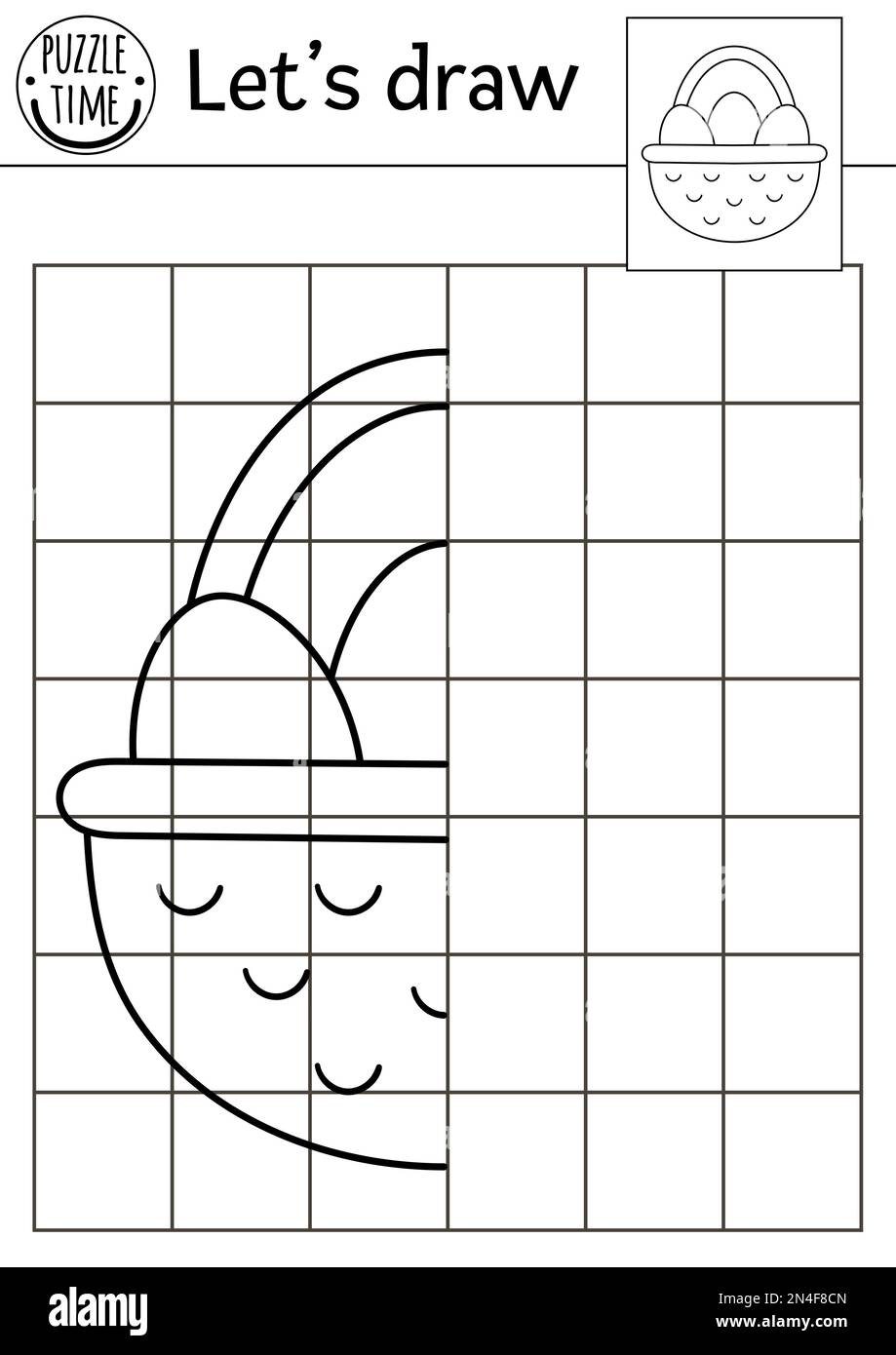 Complétez le panier avec la photo des œufs. Feuille de travail pratique de dessin de Pâques vectoriel. Activité de printemps en noir et blanc imprimable pour les enfants d'âge préscolaire. Co Illustration de Vecteur