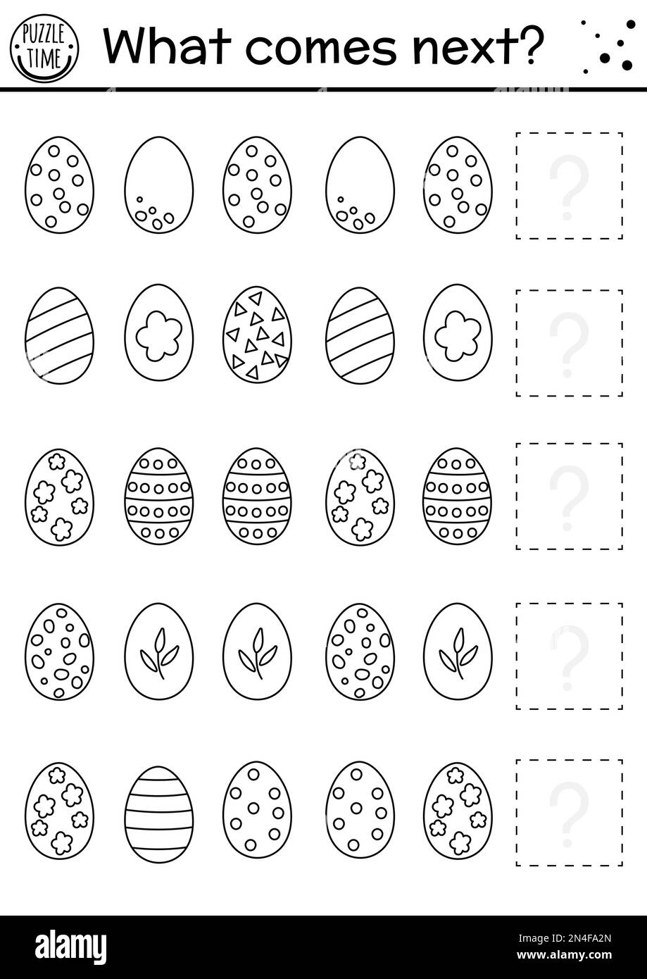La suite. Activité d'appariement noir et blanc de Pâques pour les enfants d'âge préscolaire avec des œufs. Puzzle amusant pour les vacances. Présenter la feuille de travail logique. Continuer Illustration de Vecteur