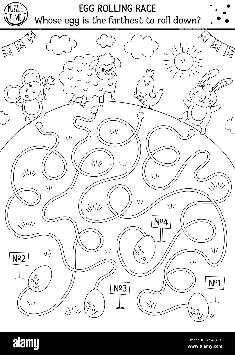 Labyrinthe de course à roulettes blanc et noir d'œuf. Labyrinthe de Pâques pour les enfants. Programme des fêtes de fin d'année pour l'éducation préscolaire. Jeu de printemps drôle ou c Illustration de Vecteur
