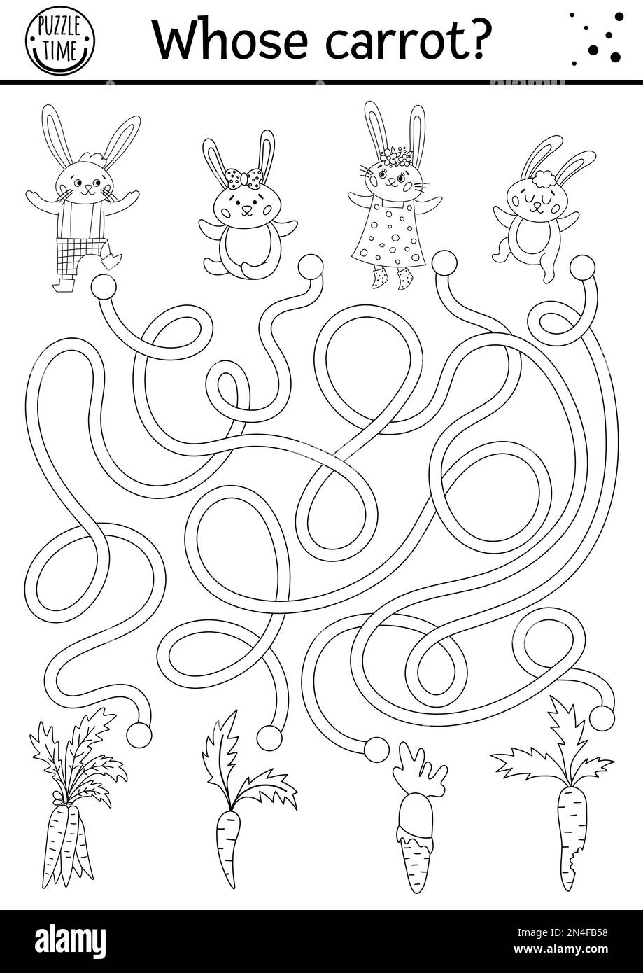 Labyrinthe noir et blanc de Pâques pour les enfants avec des lapins et des carottes. Contour des fêtes préscolaires activité imprimable avec des lapins et des légumes. Fonction Illustration de Vecteur