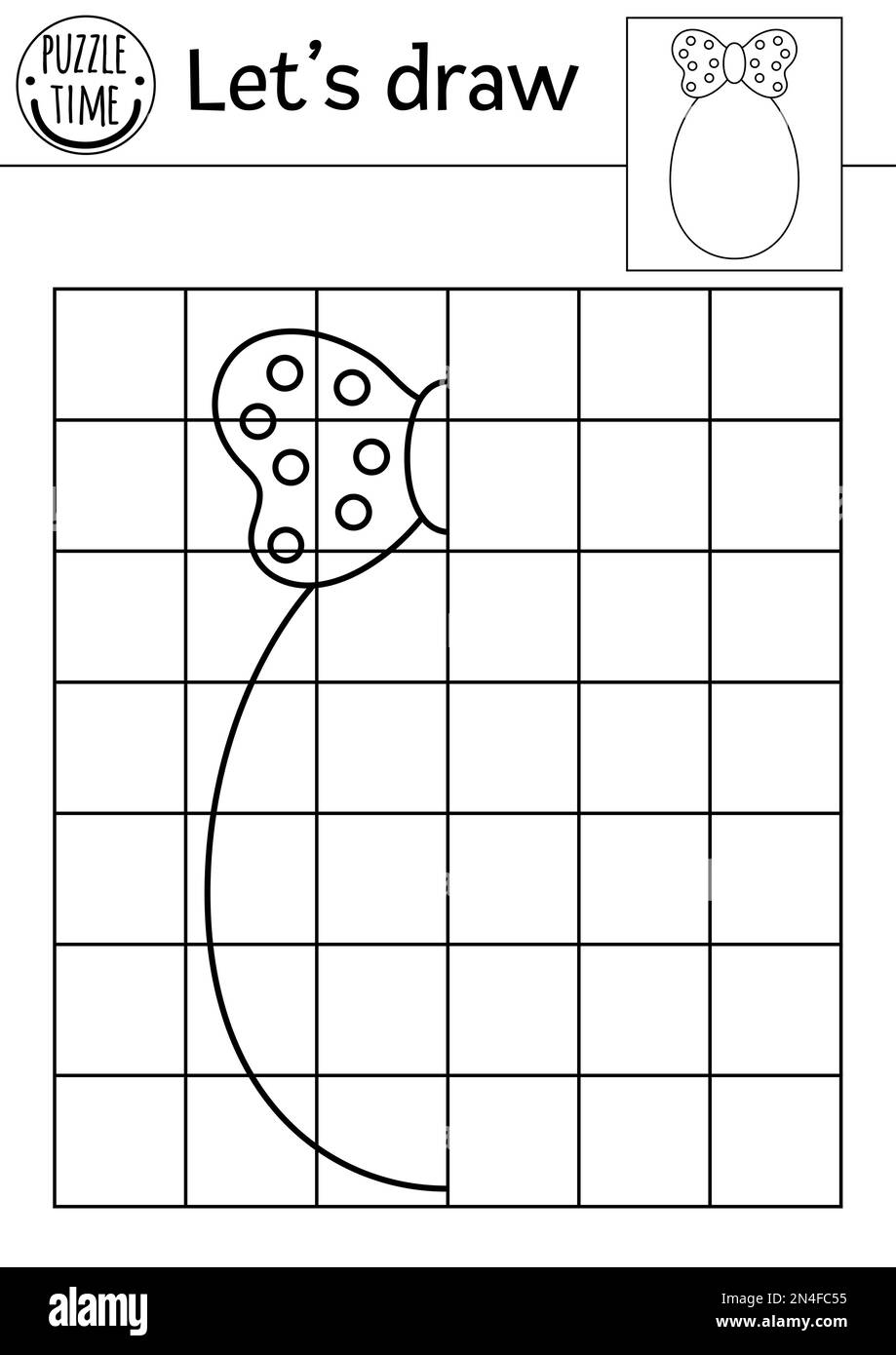 Complétez la photo de l'œuf. Feuille de travail pratique de dessin de Pâques vectoriel. Activité de printemps en noir et blanc imprimable pour les enfants d'âge préscolaire. Copiez le pictur Illustration de Vecteur