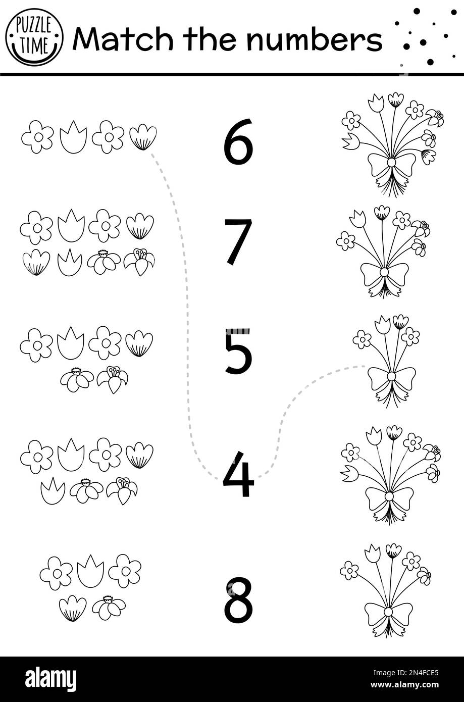 Jeu de Pâques noir et blanc assorti au bouquet de fleurs de printemps. Activité mathématique des fêtes pour les enfants d'âge préscolaire avec des plantes. Imprimable dans le domaine de l'éducation c Illustration de Vecteur