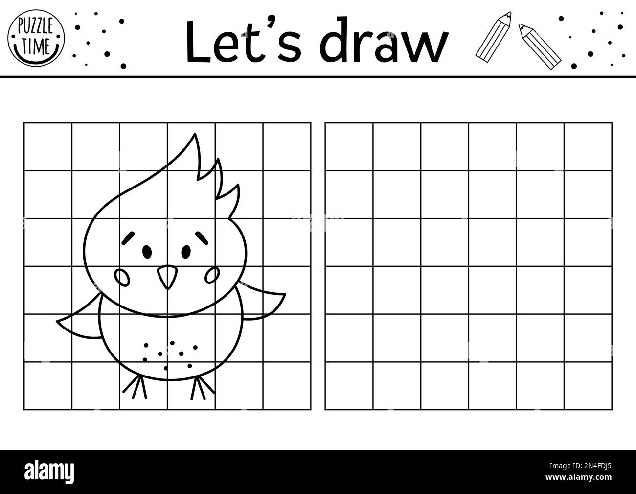 Complétez la photo du poulet. Feuille de travail pratique de dessin de Pâques vectoriel. Activité de printemps en noir et blanc imprimable pour les enfants d'âge préscolaire. Copiez le pi Illustration de Vecteur