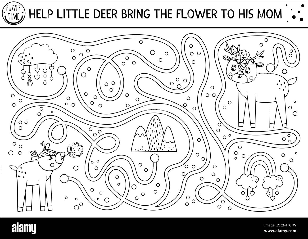 Labyrinthe noir et blanc de fête des mères pour les enfants. Activité imprimable pour les fêtes de fin d'année. Jeu amusant d'amour de famille avec les animaux mignons. Labyrinthe de mère et de bébé Illustration de Vecteur