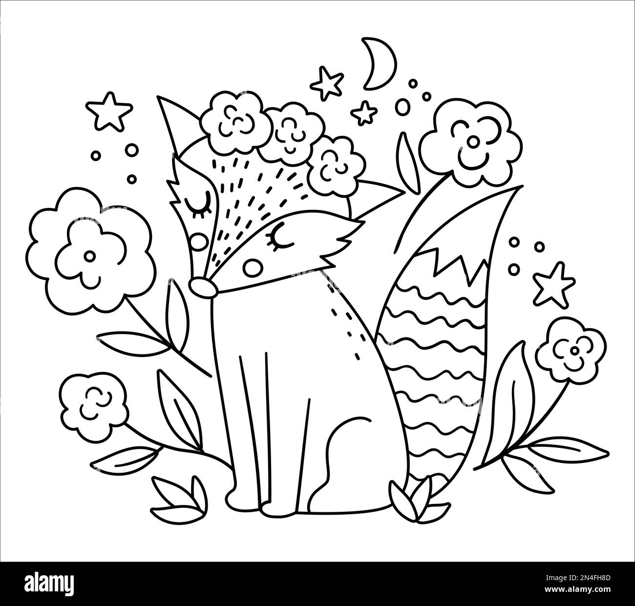 Renard bohème vectoriel avec fleurs sur la tête. Animal noir et blanc de forêt isolé sur fond blanc. Composition de la ligne florale de la forêt de boho. Forêt Illustration de Vecteur