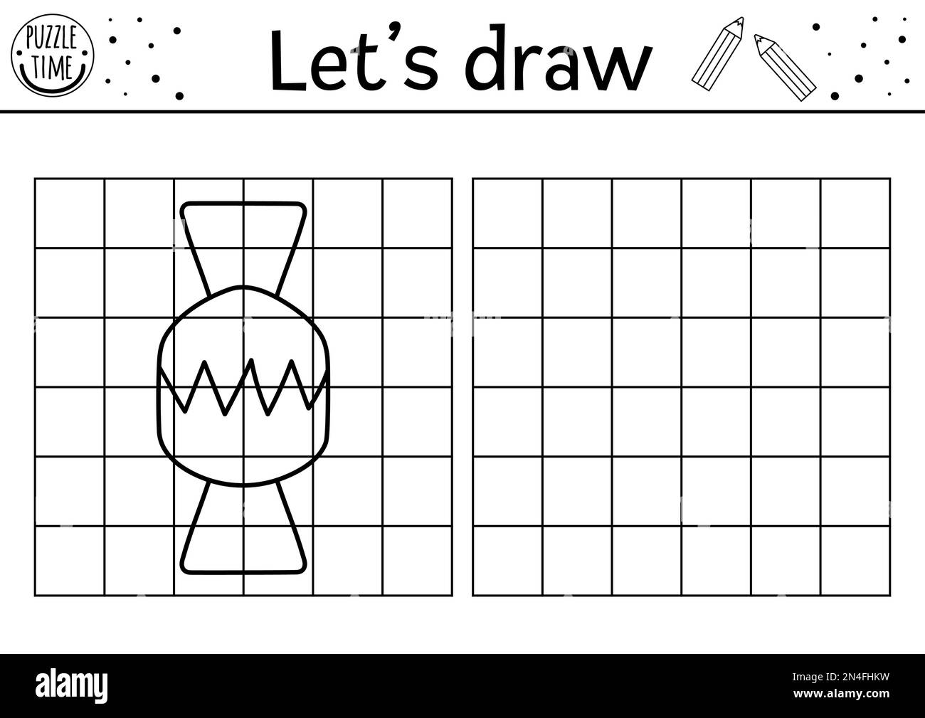 Complétez la photo. Feuille de travail pratique de dessin vectoriel. Activité imprimable en noir et blanc pour les enfants d'âge préscolaire. Copiez le jeu d'images pour k Illustration de Vecteur