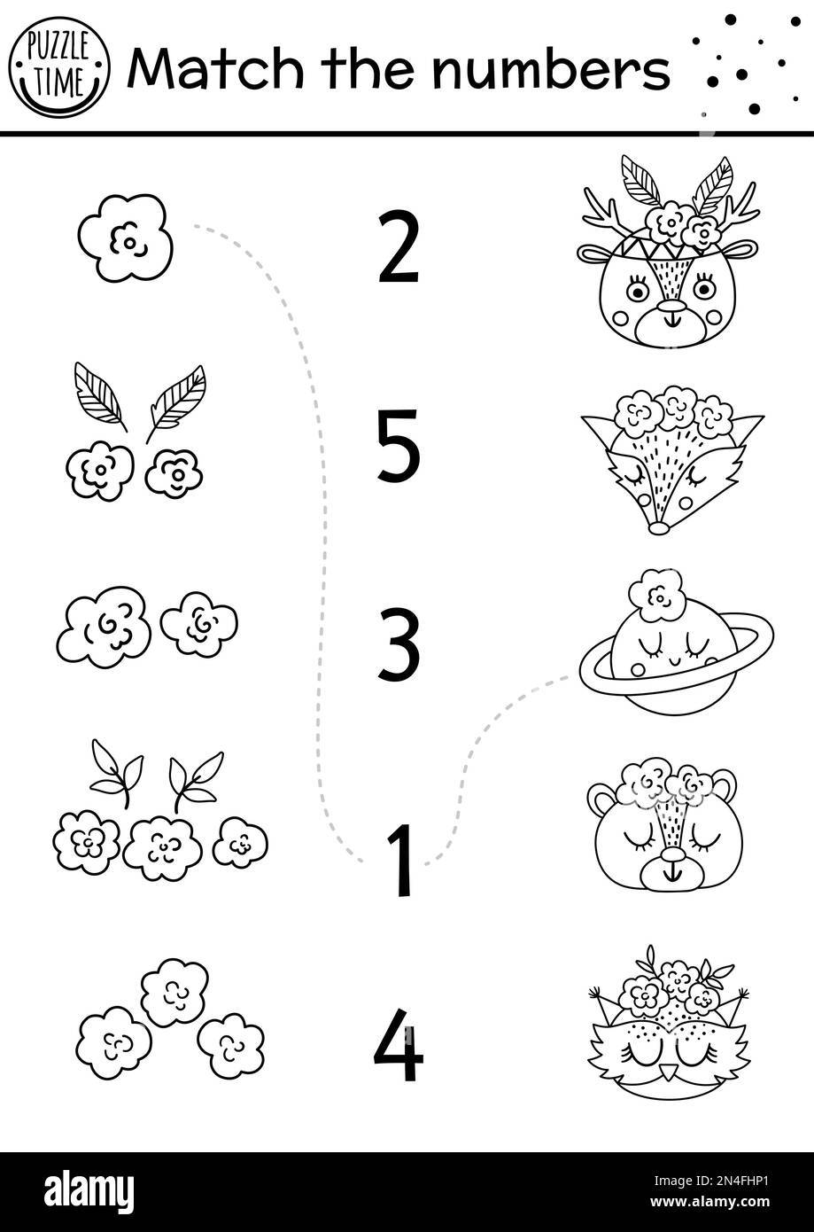 Fête des mères noir et blanc match avec animaux mignons et décoration de tête. Activité de ligne mathématique des fêtes pour les enfants d'âge préscolaire avec fleurs. Imprimable Illustration de Vecteur