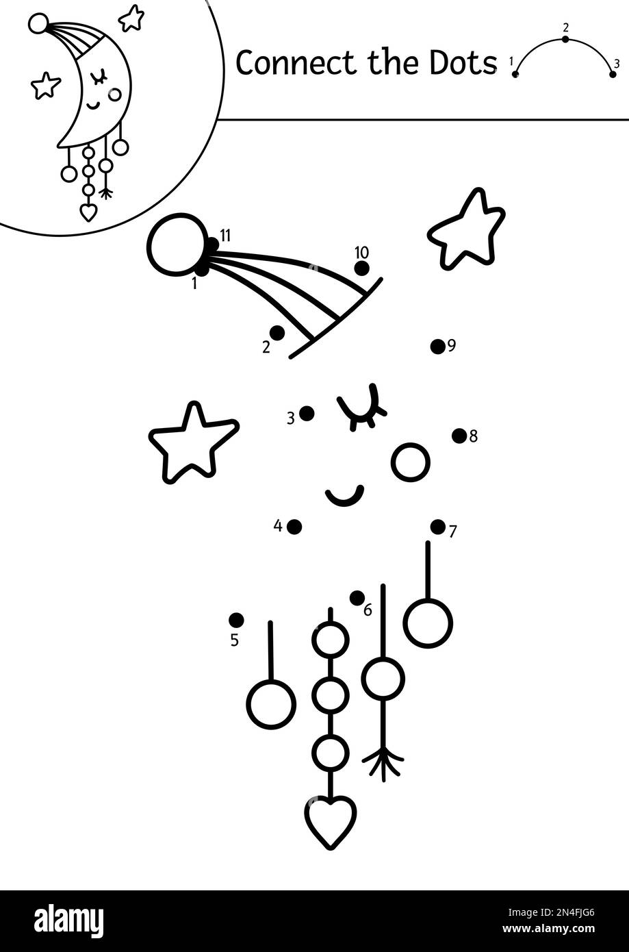 Activité vectorielle point à point et couleur avec une jolie demi-lune. Vacances de printemps connecter le jeu de points pour les enfants avec drôle croissant dans le chapeau. Bois bon Illustration de Vecteur