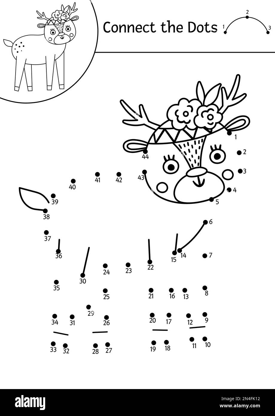 Activité vectorielle point à point et couleur avec de jolis cerfs. Vacances de printemps connecter le jeu de points pour les enfants avec drôle animal de forêt. pag. Coloriage bois Illustration de Vecteur
