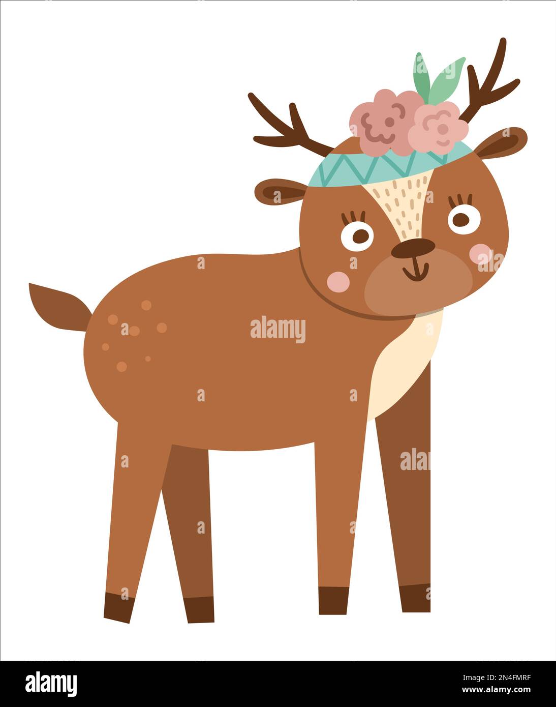 Cerf à la main avec fleurs sur la tête. Adorable animal bohème de style boisé, icône isolée sur fond blanc. Illustration de la forêt de boho doux Illustration de Vecteur