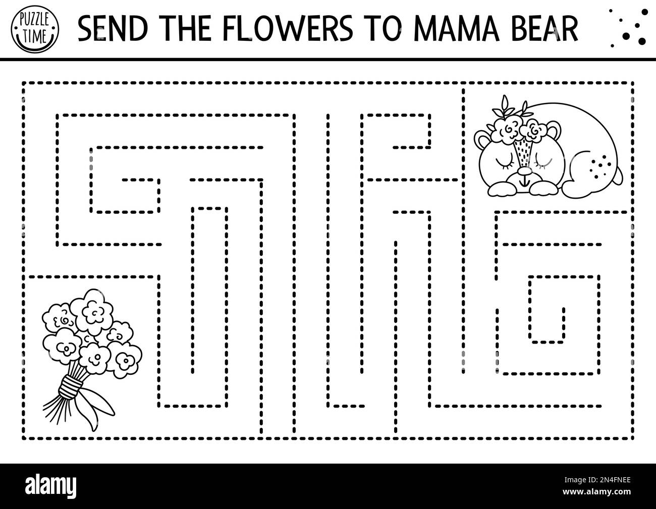 Labyrinthe noir et blanc de fête des mères pour les enfants. Activité imprimable pour les fêtes de fin d'année. Drôle de famille ligne d'amour jeu ou page de coloriage avec mignon mama ours. Illustration de Vecteur