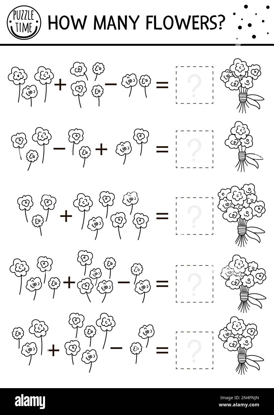 Fête des mères noir et blanc match avec des fleurs. Activité de ligne mathématique des fêtes pour les enfants d'âge préscolaire avec bouquet. Comptage imprimable éducatif Illustration de Vecteur