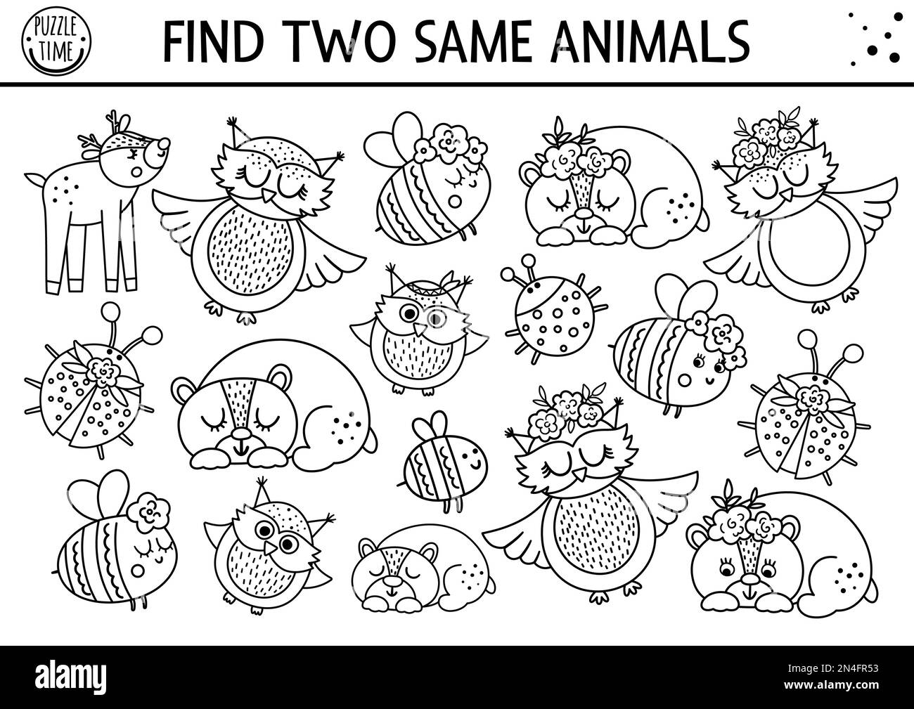 Trouvez deux animaux identiques. Fête des mères en noir et blanc pour les enfants. Questionnaire logique amusant du printemps pour les enfants. Ligne imprimable simple Illustration de Vecteur