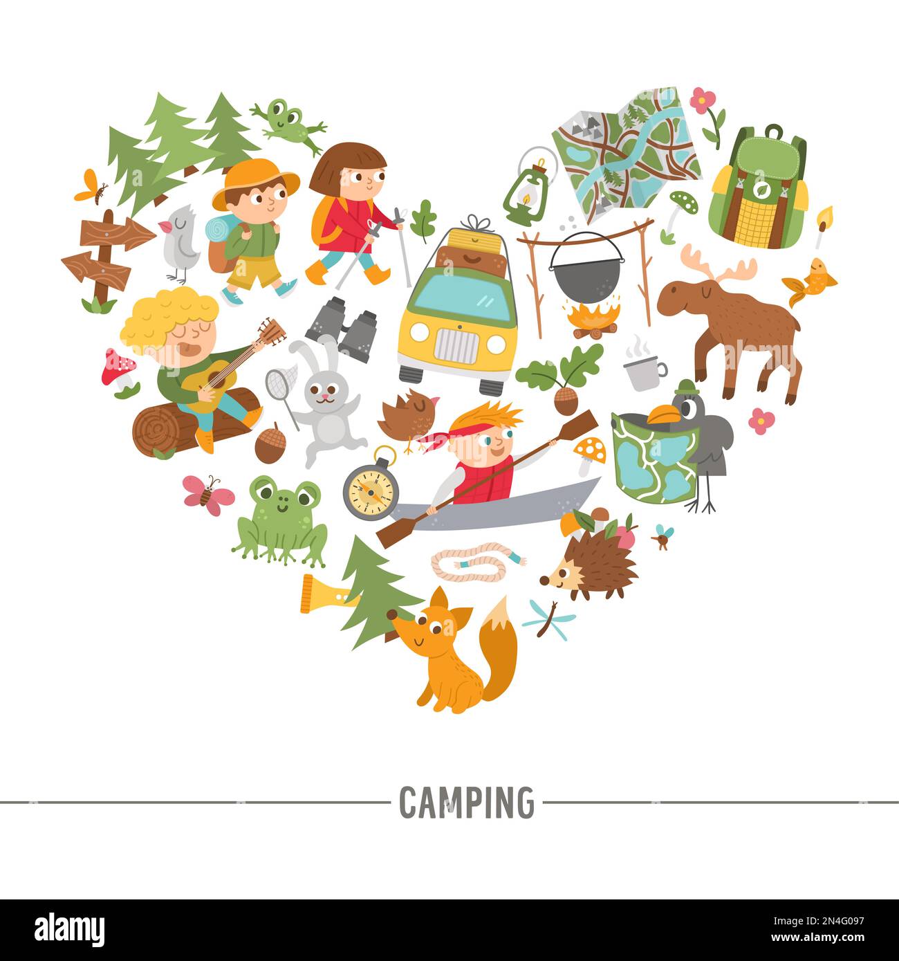 Cadre vectoriel en forme de coeur avec animaux de la forêt dessinée mignons, éléments et enfants faisant des activités de camp d'été. Modèle de carte avec enfants sur Holida Illustration de Vecteur