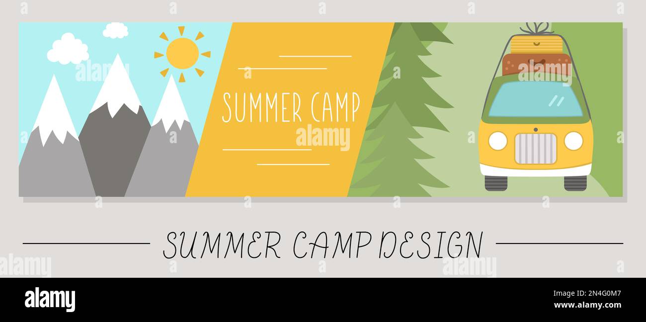 Jolie carte horizontale de camp d'été avec minibus avec valises sur le dessus, forêt, montagnes. Modèle d'impression de voyage aventure vectoriel. Des vacances actives ou locales Illustration de Vecteur