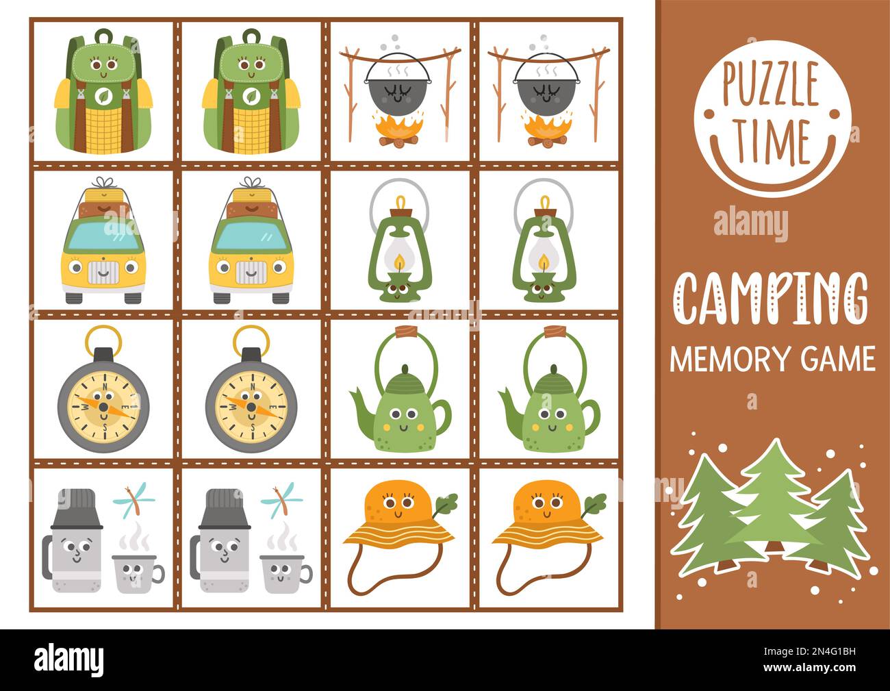 Cartes de jeu de mémoire de camp d'été Vector avec l'équipement de kawaii souriant mignon. Activité d'appariement de Camping. Rappelez-vous et trouvez la carte correcte. Faune simple pr Illustration de Vecteur