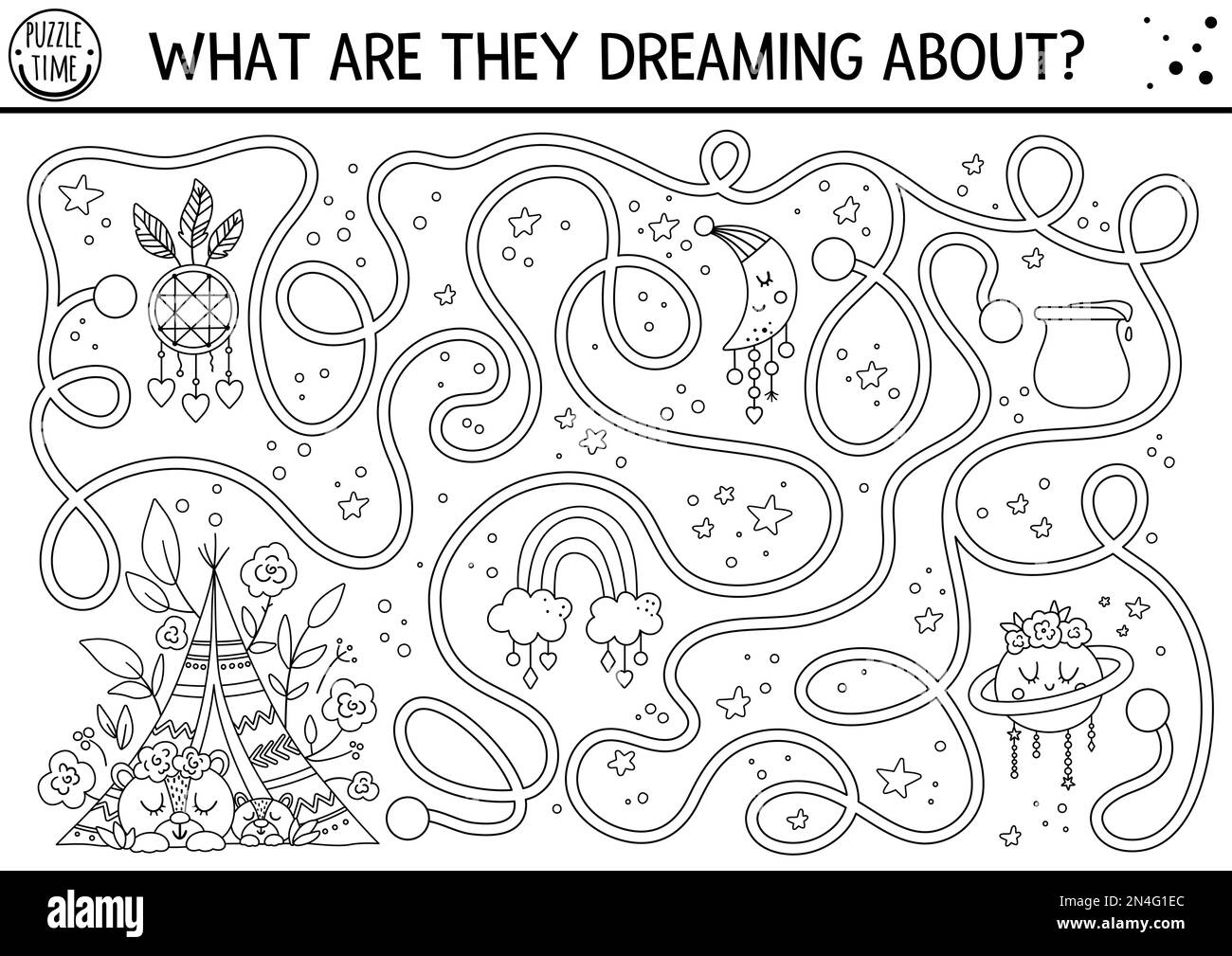 Labyrinthe noir et blanc de fête des mères pour les enfants. Activité éducative imprimable pour les fêtes. Jeu amusant de ligne d'amour de famille avec des ours dormant. Papillon Illustration de Vecteur