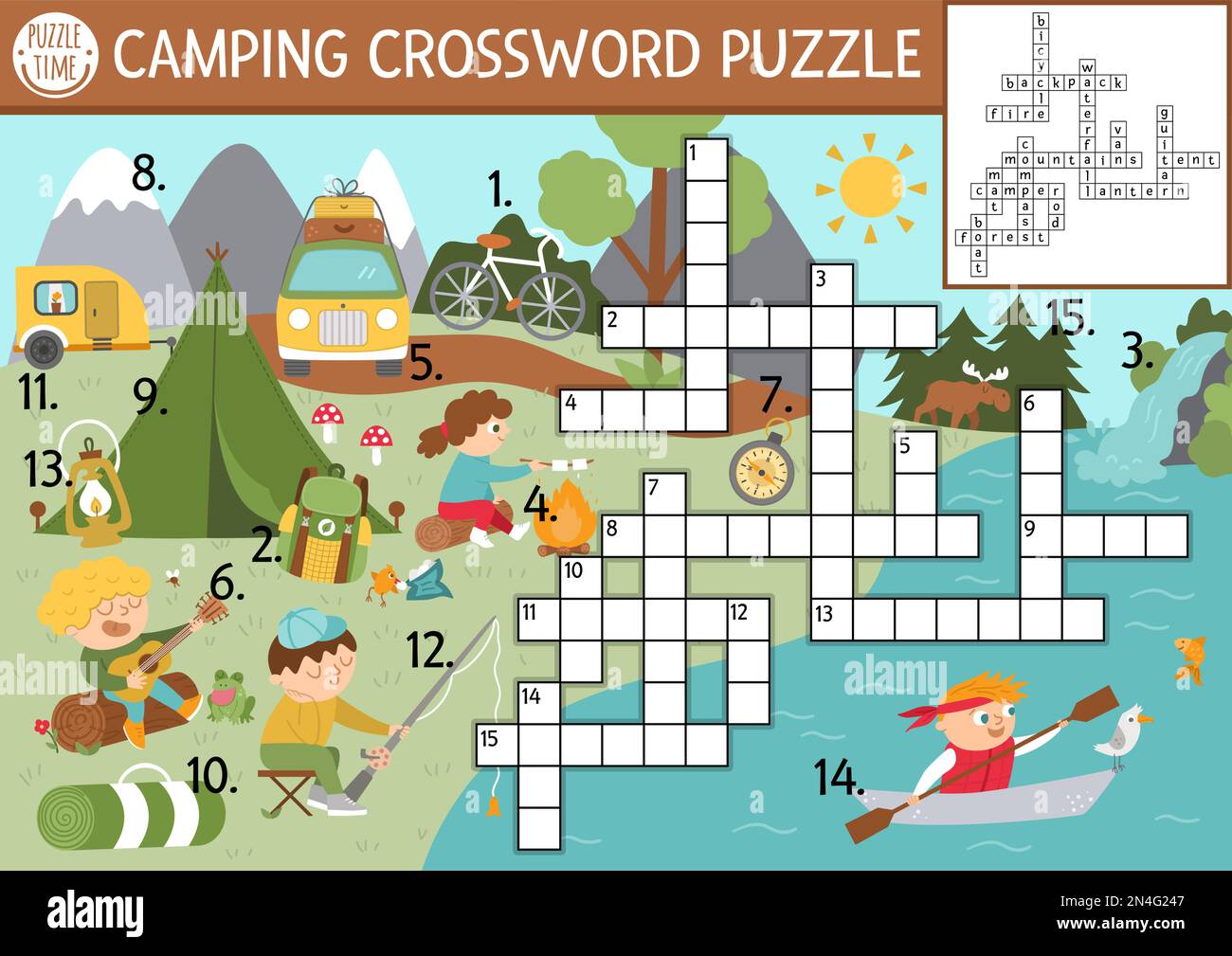 Casse-têtes de camping vectoriel. Quiz simple camp d'été avec scène forestière pour les enfants. Activité éducative avec les enfants de pêche, de randonnée, de jouer à la guita Illustration de Vecteur