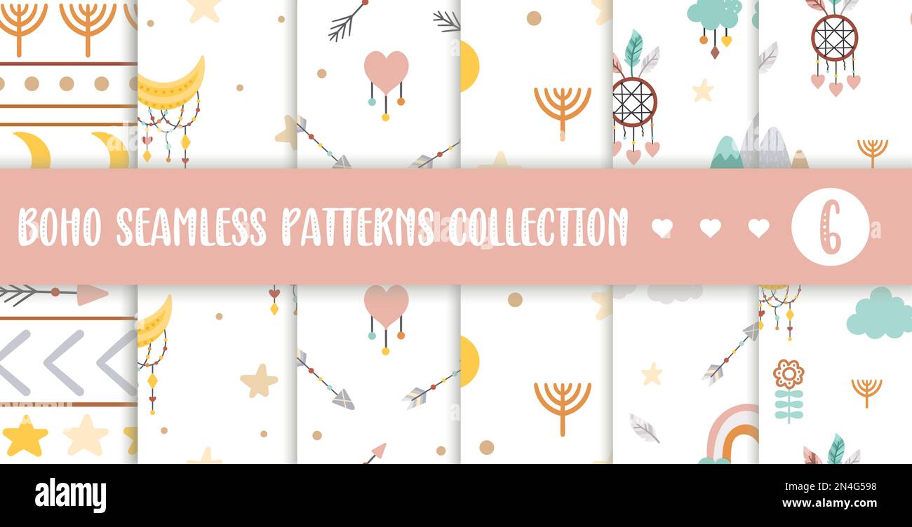 Ensemble de décorations boho vectorielles. Collection Bohemian Seamless Patterns avec squiggles, flèches, croissant de lune. Pack d'arrière-plans à répétition libre et sauvage. Réf Illustration de Vecteur