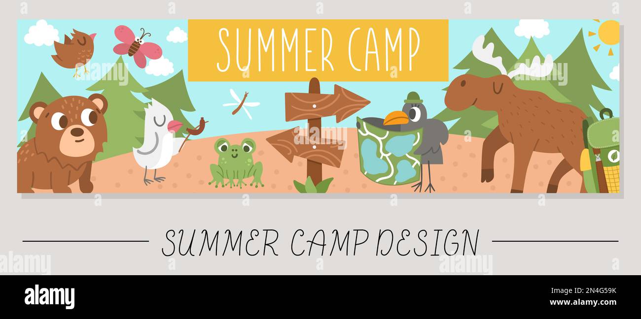 Jolie carte horizontale de camp d'été avec des animaux de forêt adorables dans les bois. Modèle d'impression de voyage aventure vectoriel. Des vacances actives ou un touri local Illustration de Vecteur