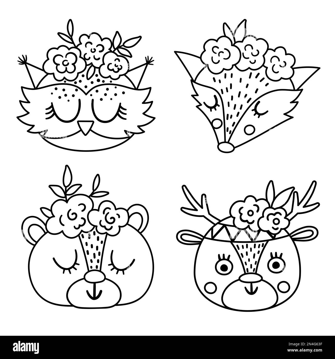 Ensemble de visages noirs et blancs animaux sauvages mignons avec fleurs sur leur tête. Collection d'avatars de la forêt de boho. Illustration drôle de ligne de hibou, ours Illustration de Vecteur